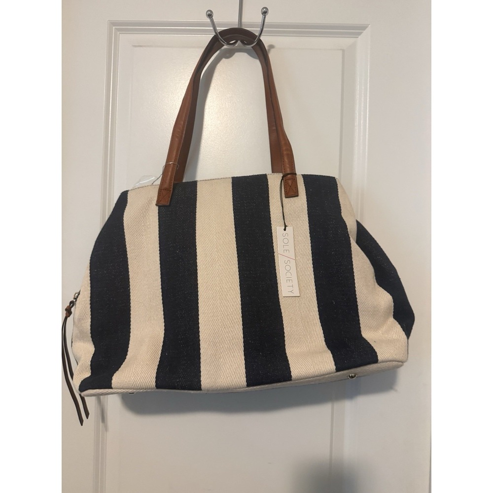 Sole Society Stripes‎ Canvas, Bag, Navy, And Cream Color large Carryall
